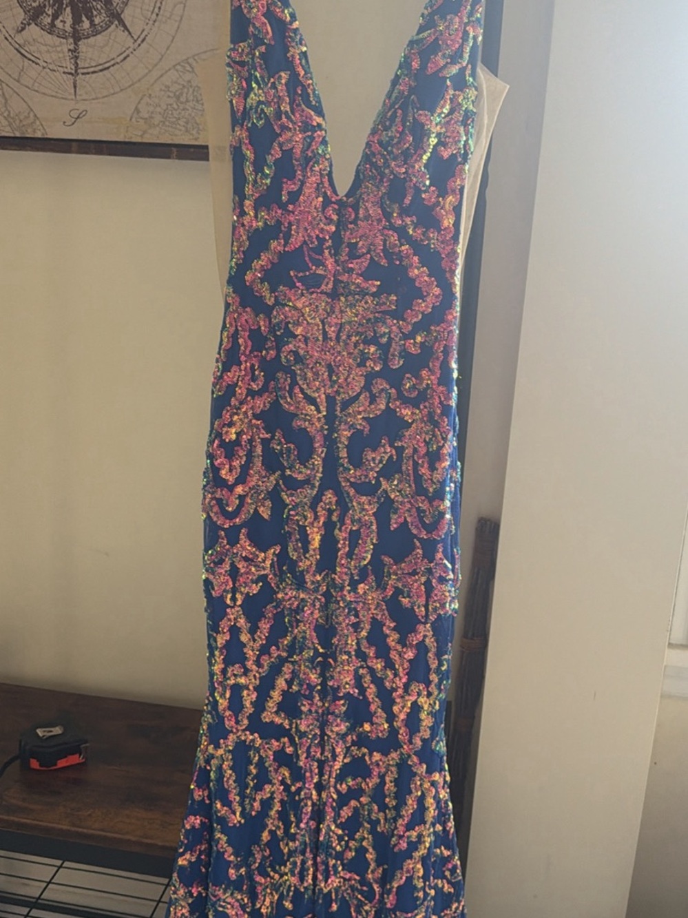 Jovani Navy Sequin Plunging V-Neck Gown with Pink and Gold Embellishment